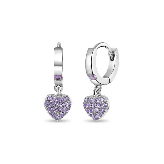 925 Sterling Silver Girls Small Hoop Purple CZ Heart Dangle Earrings Toddler
