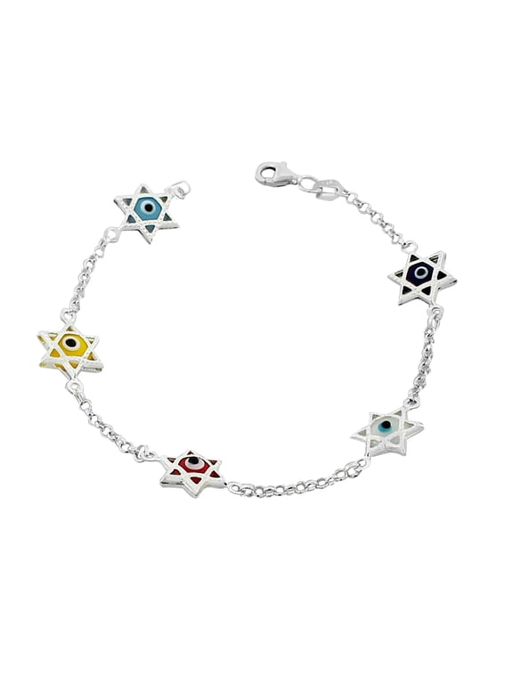 925 Sterling Silver Glass Multicolor Evil Eye Star of David Link Chain Bracelet
