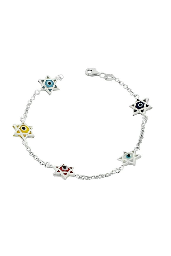 925 Sterling Silver Glass Multicolor Evil Eye Star of David Link Chain Bracelet