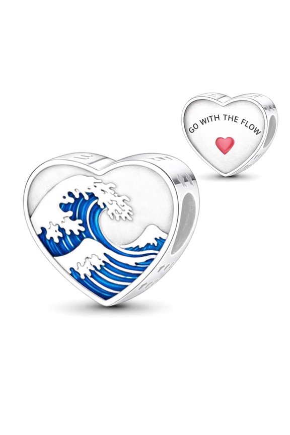 925 Sterling Silver Go With The Flow Ocean Surf Heart Charm For Bracelets & Bangle Pendant Jewelry