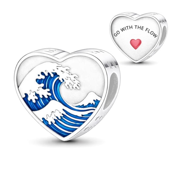 925 Sterling Silver Go With The Flow Ocean Surf Heart Charm For Bracelets & Bangle Pendant Jewelry