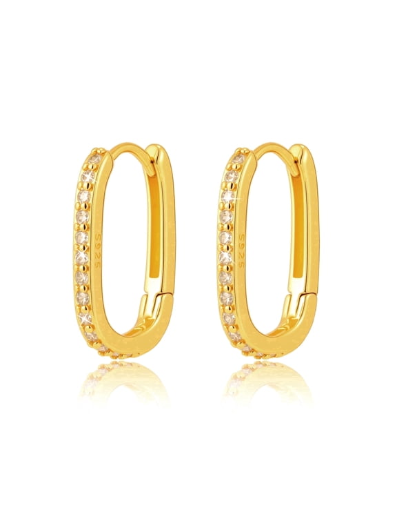 925 Sterling Silver Gold Diamond Hoop Earrings for Women Teens, Hypoallergenic Small Dainty CZ Square Huggies Paperclip Earring, U Hoop Earrings 18K Gold Plated Minimalist