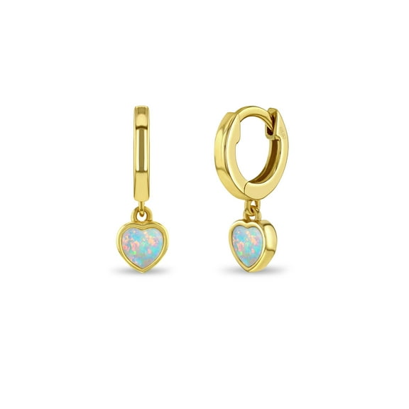 925 Sterling Silver Gold Flashed Simulated Opal Heart Dangle Hoop Girl Earrings