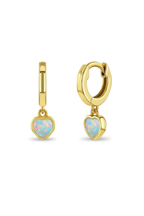 925 Sterling Silver Gold Flashed Simulated Opal Heart Dangle Hoop Girl Earrings