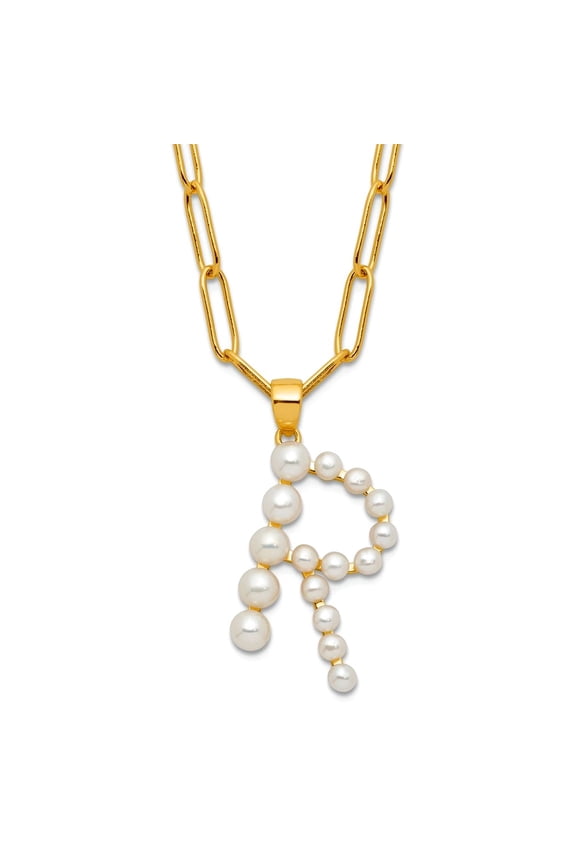 925 Sterling Silver Gold Plated 3-5.5mm Freshwater Cultured Pearl Letter Name Personalized Monogram Initial R Necklace 1