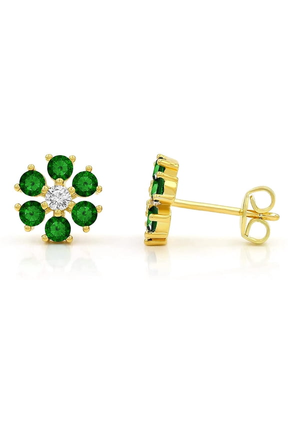 925 Sterling Silver Gold Plated Flower Cluster Stud Earrings, Minimalist, Cubic Zirconia, Giorgio Bergamo Green