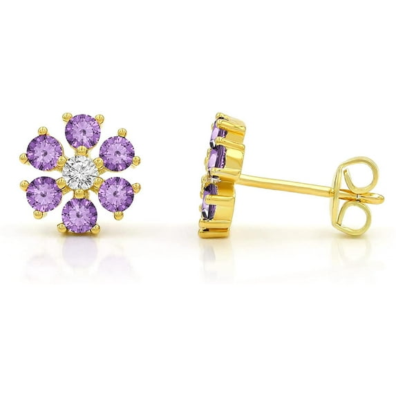 925 Sterling Silver Gold Plated Flower Cluster Stud Earrings, Minimalist, Cubic Zirconia, Giorgio Bergamo Purple