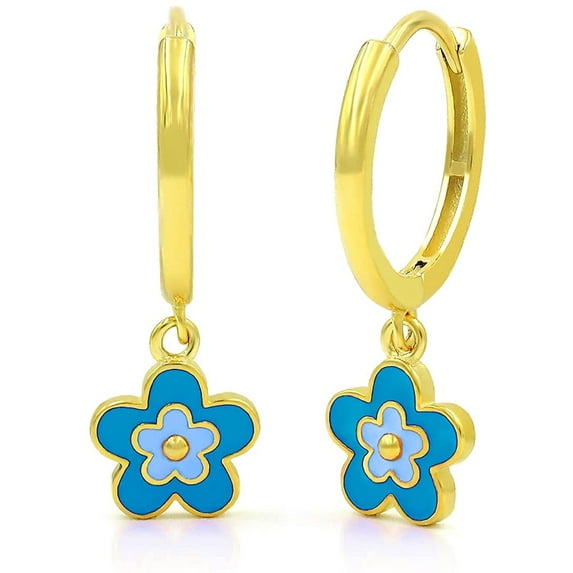 925 Sterling Silver Gold Plated Flower Enamel Dangle Drop Earrings, Minimalist, Giorgio Bergamo Light Blue/Aqua