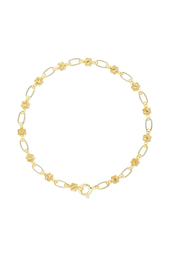 925 Sterling Silver Gold Plated Flower Link Chain Bracelet, Jewelry for Baby Kids 5" - 6" Adjustable