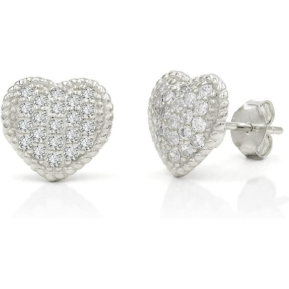 926 Sterling Silver Gold Plated Micro Pave Braided Puffed Heart Stud Earrings, Giorgio Bergamo Silver