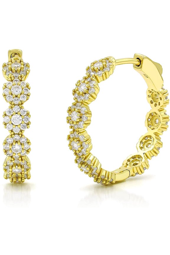 925 Sterling Silver Gold Plated Micro Pave Cluster Hoop Earrings, CZ Cubic Zirconia, Giorgio Bergamo Gold