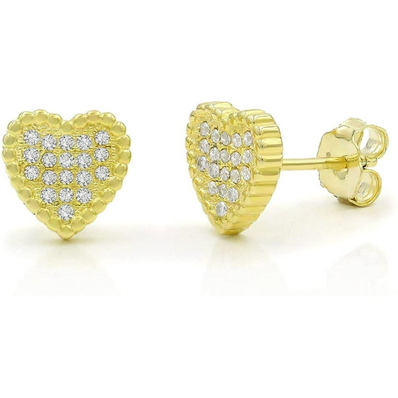 .925 Sterling Silver Gold Plated Micro Pave Cubic Zirconia CZ Minimalist Heart Stud Earring, Giorgio Bergamo