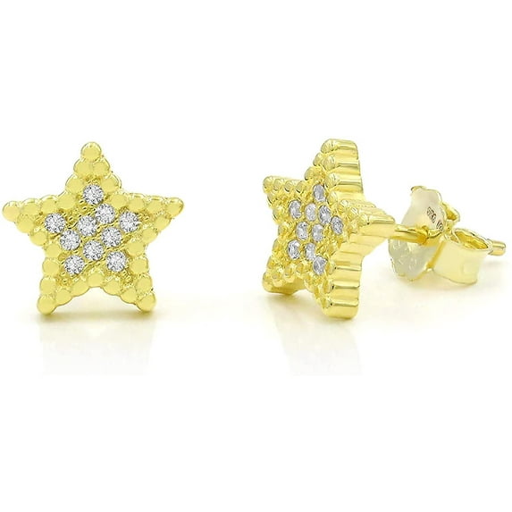 925 Sterling Silver Gold Plated Micro Pave Cubic Zirconia CZ Minimalist Star Stud Earrings, Giorgio Bergamo