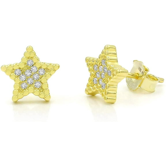 925 Sterling Silver Gold Plated Micro Pave Cubic Zirconia CZ Minimalist Star Stud Earrings, Giorgio Bergamo