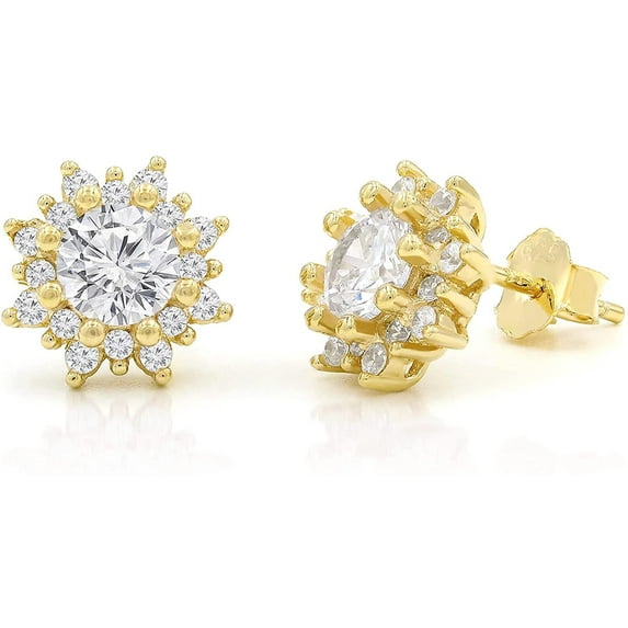 .925 Sterling Silver Gold Plated Micro Pave Starburst Stud Earrings, Giorgio Bergamo Gold