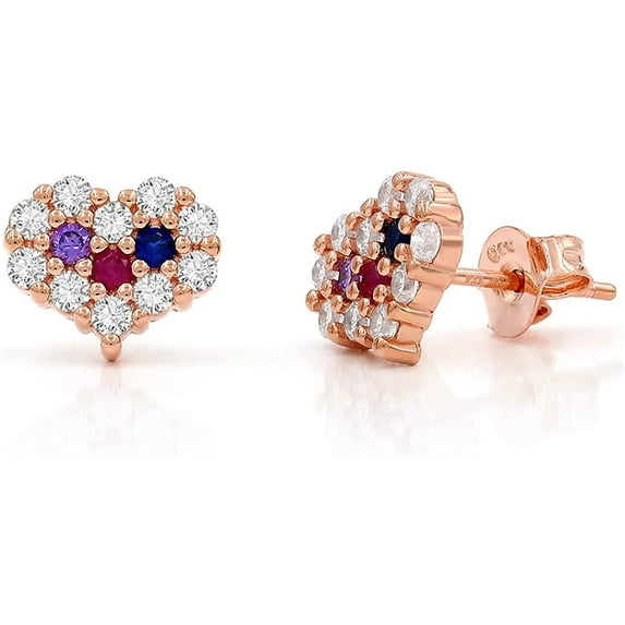 .925 Sterling Silver Gold Plated Rainbow Heart Minimalist Micro Pave Cubic Zirconia, Multi-Color Stud Earrings, Giorgio Bergamo