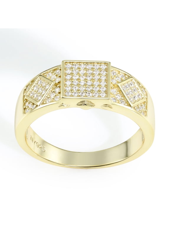 Yellow Gold Tone 925 Sterling Silver Pave Square Signet Statement Pinky Ring | Size 9 | Classic Ring for Men