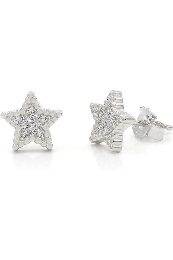 925 Sterling Silver Gold Plated Star Micro Pave Cubic Zirconia CZ Minimalist Stud Earrings, Giorgio Bergamo