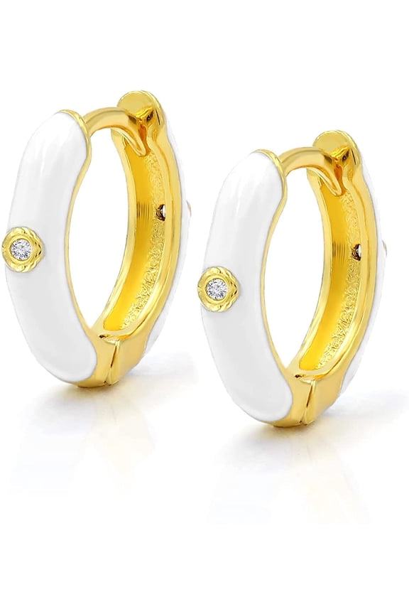 925 Sterling Silver Gold Plated White Enamel Colored Hoop Minimalist Earrings, Cubic Zirconia, Giorgio Bergamo White