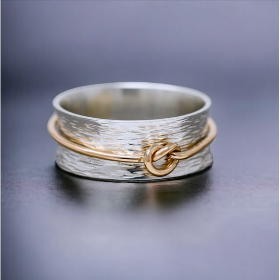 925 Sterling Silver & Gold Spinner Ring – Handmade Anxiety Relief Meditation Band, Fidget Ring for Stress & Worry Reduction