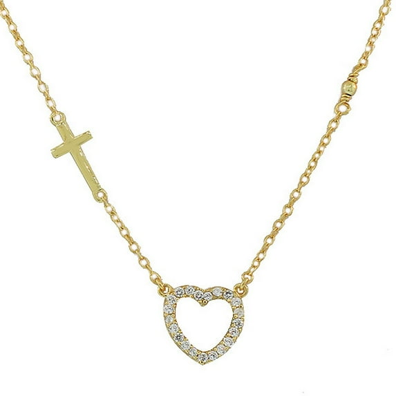 925 Sterling Silver Gold-Tone Love Heart Cross Charm Pendant Necklace