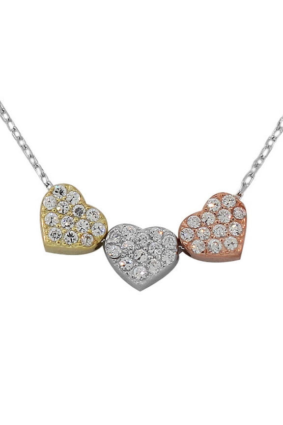 925 Sterling Silver Gold Triple Love Heart Charm CZ Pendant Necklace