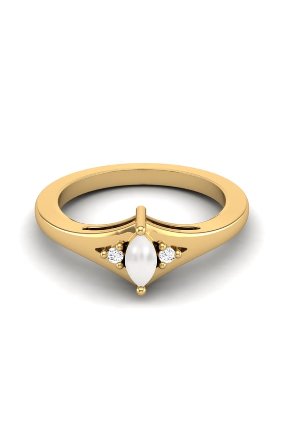 925 Sterling Silver Gold Vermeil 0.29 Cts Marquise Shape Pearl Three Stone Anniversary Wedding Dainty Women Valentines Day Gifts Ring