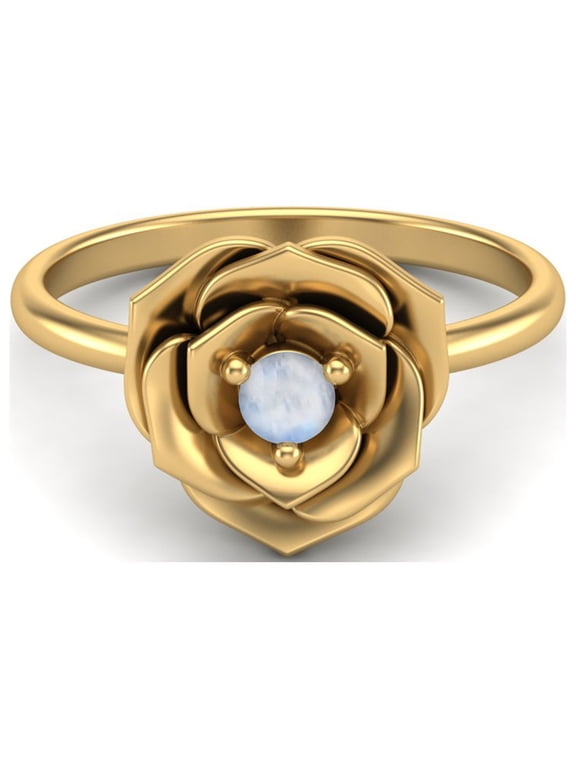 925 Sterling Silver Gold Vermeil 3 MM Round Moonstone Blossom Rose Flower Valentines Day Gifts Ring