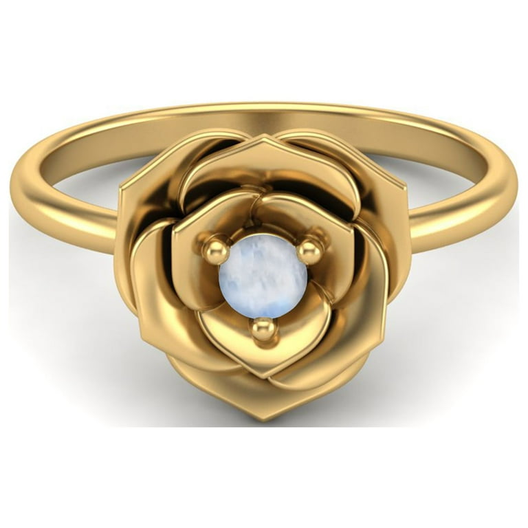 925 Sterling Silver Gold Vermeil 3 MM Round Moonstone Blossom Rose Flower  Valentines Day Gifts Ring
