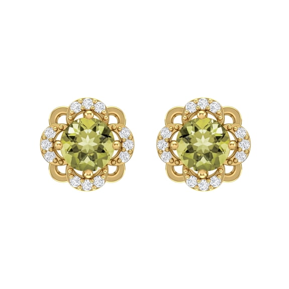 925 Sterling Silver Gold Vermeil 5mm Round Lemon Quartz Flower Halo Women Valentines Day Gifts Stud Earrings