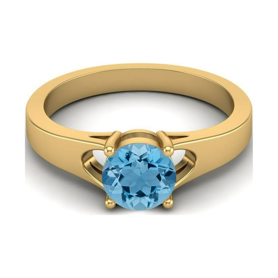 925 Sterling Silver Gold Vermeil 6mm Round Swiss Blue Topaz Solitaire Women Valentines Day Gifts Ring
