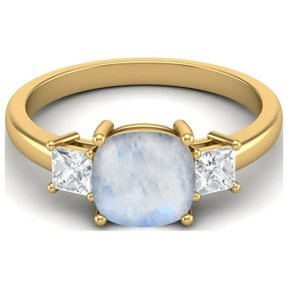 Mooneye 925 Sterling Silver Gold Vermeil 7mm Cushion Moonstone Three Stone Engagement Women Ring