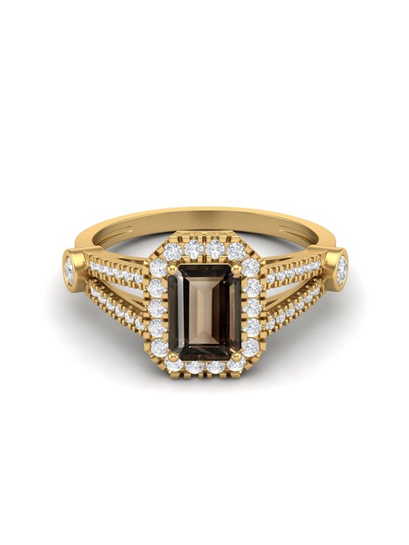 925 Sterling Silver Gold Vermeil 9X7mm Cushion Smoky Quartz 925 Sterling Silver Solitaire Split Shank Mother's Day Gift Ring