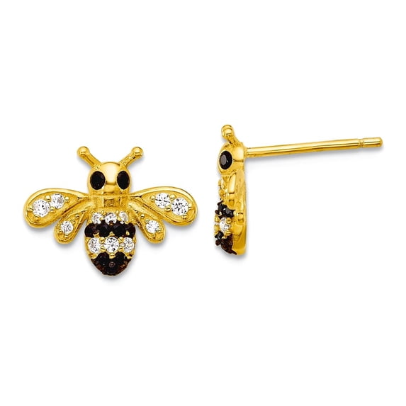 925 Sterling Silver Gold-tone Black Rhodium Bee With Black and White Cubic Zirconia Post Earrings 10.1x13.6mm Wide Stud