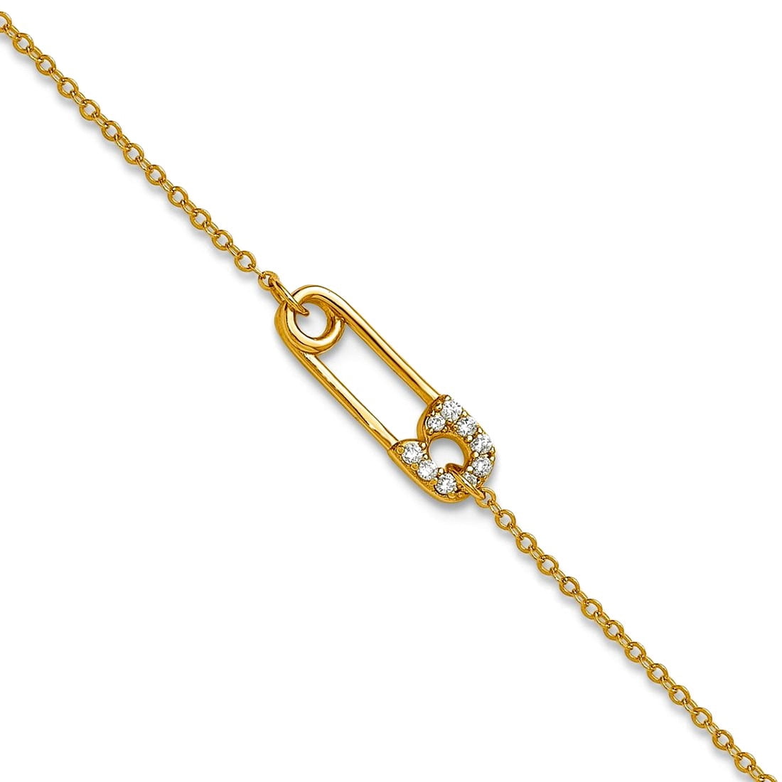 925 Sterling Silver Gold-tone Polished Cubic Zirconia Safety Pin Plus 1in Extension Anklet 9 Inch 1mm Wide Anklet for Wo