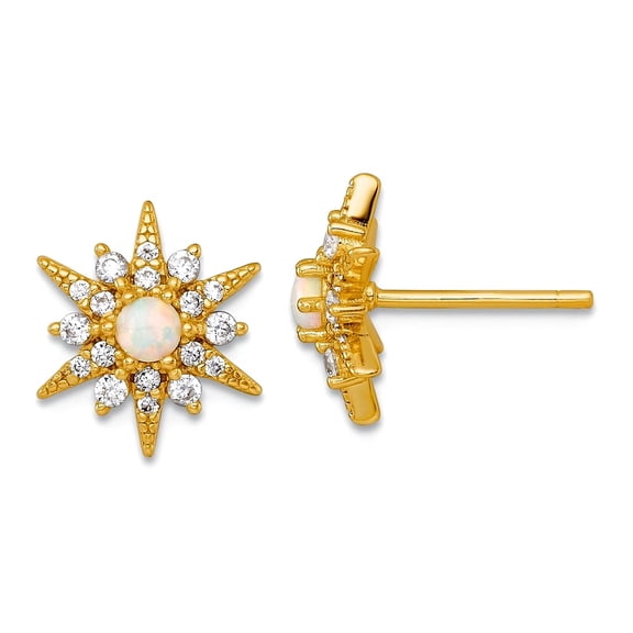 925 Sterling Silver Gold-tone Polished Simulated Opal and Cubic Zirconia Star Post Earrings Stud Earring for Women