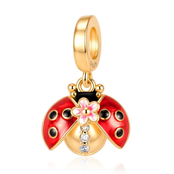 925 Sterling Silver Golden Flying Ladybug with Pink Flower Dangle Charm Bead for Bracelet Charms Bangle Pendant Jewelry