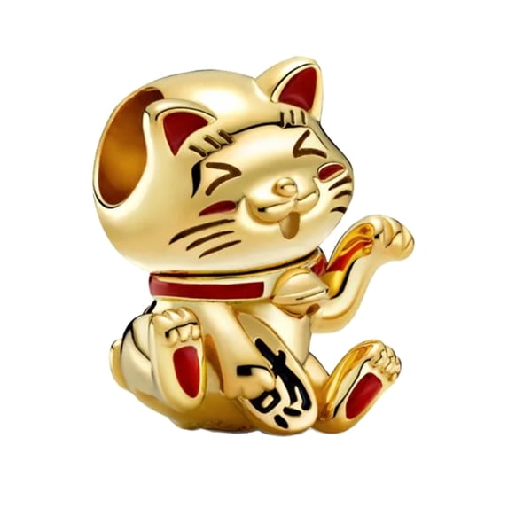 925 Sterling Silver Golden Fortune Cat Charm Bead for Bracelet Charms Bangle Pendant Jewelry