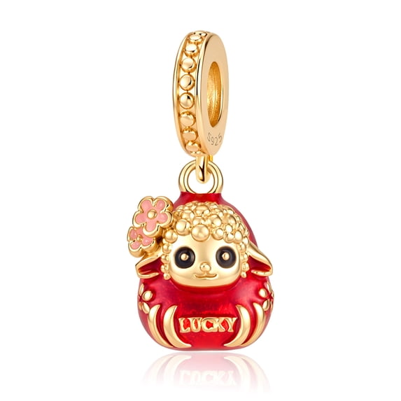 925 Sterling Silver Golden Lucky Red Enamel Lamb Dangle Charm for Bracelet Charms Necklace Pendants Jewelry