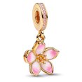 thumbnail image 1 of 925 Sterling Silver Golden Pink Cherry Blossom Dangle Charm for Bracelet Charms Bangle Pendant Jewelry, 1 of 3