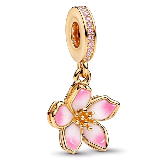 925 Sterling Silver Golden Pink Cherry Blossom Dangle Charm for Bracelet Charms Bangle Pendant Jewelry