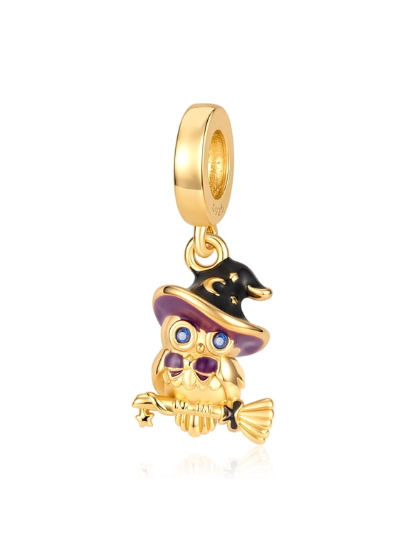 925 Sterling Silver Golden Witch Hat Owl Dangle Charm for Bracelet Charms Bangle Pendant Jewelry