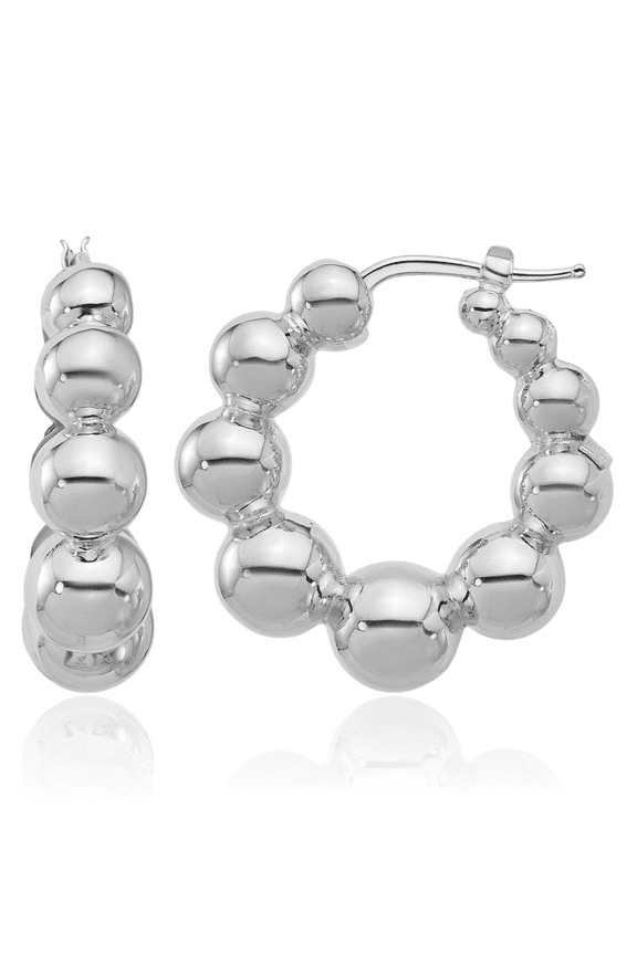 925 Sterling Silver Round Medium Graduated Beaded Ball Hoop Earrings - 29.4mm 1.2 inch - Lightweight, Snap Back Women's