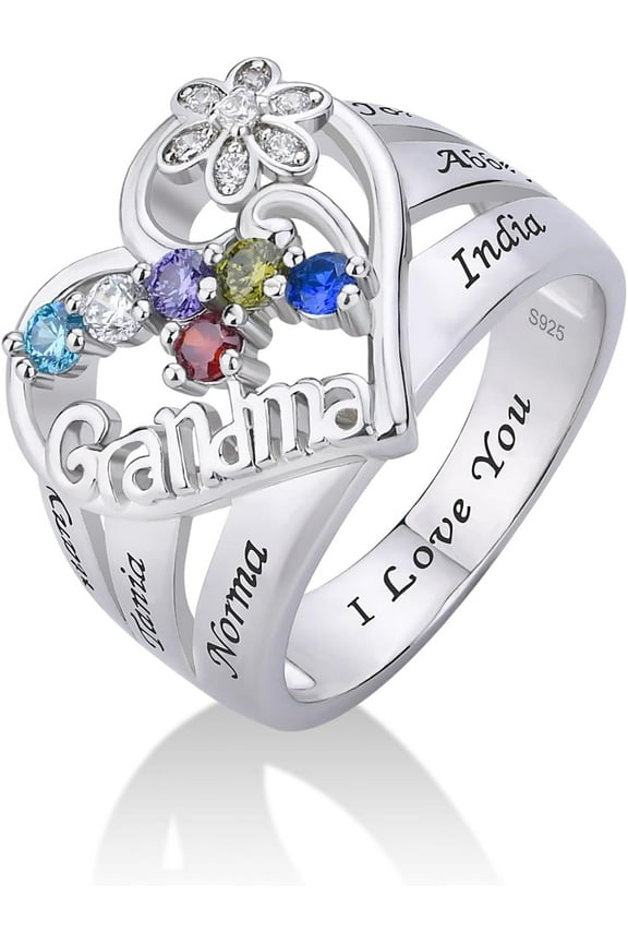 925 Sterling Silver Grandma Rings with 1-8 Birthstones and Names Personalized Birthstones Ring for Mother Grandmother Custom Family Names Ring for Grandma Women