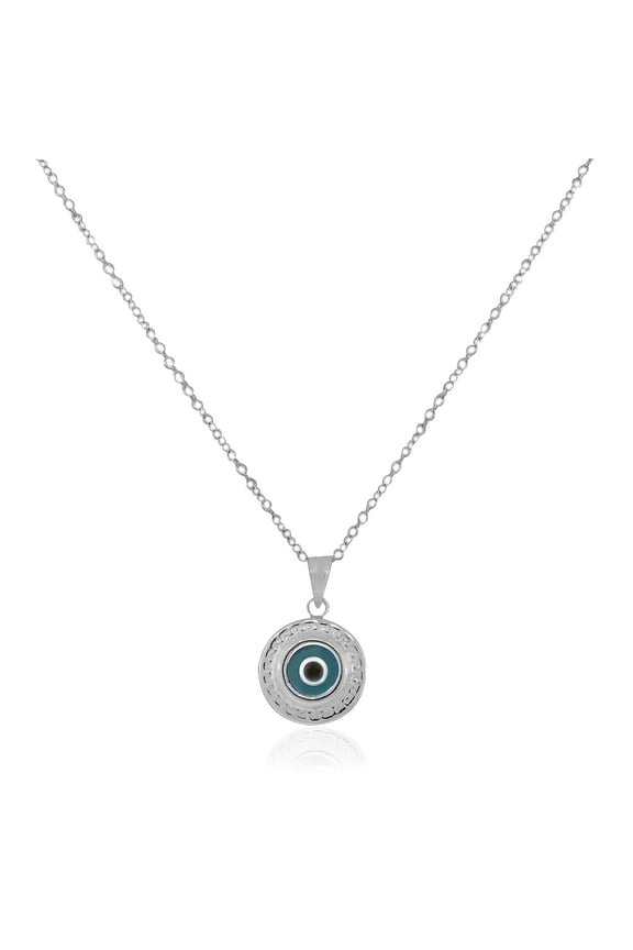 925 Sterling Silver Greek Key Blue Glass Two-Sided Evil Eye Pendant Necklace