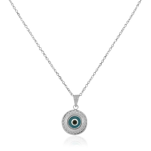 925 Sterling Silver Greek Key Blue Glass Two-Sided Evil Eye Pendant Necklace