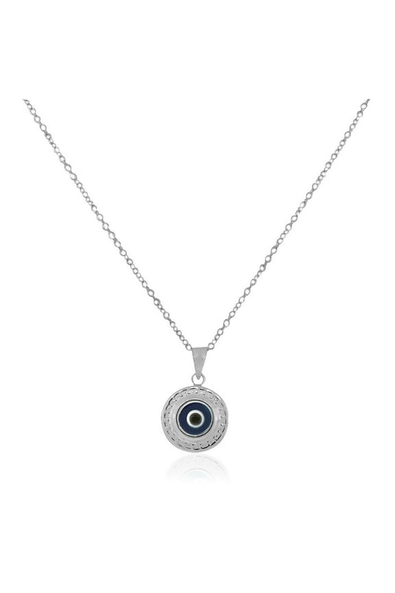 925 Sterling Silver Greek Key Blue Glass Two-Sided Evil Eye Pendant Necklace