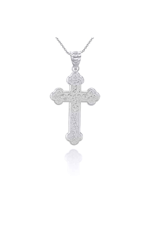 925 Sterling Silver Greek Orthodox Floral Rose Cross Pendant Necklace (20 Inches)