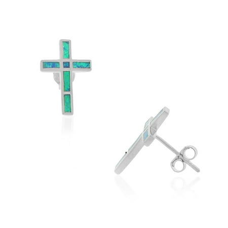 925 Sterling Silver Green Blue Simulated Opal Cross Stud Earrings