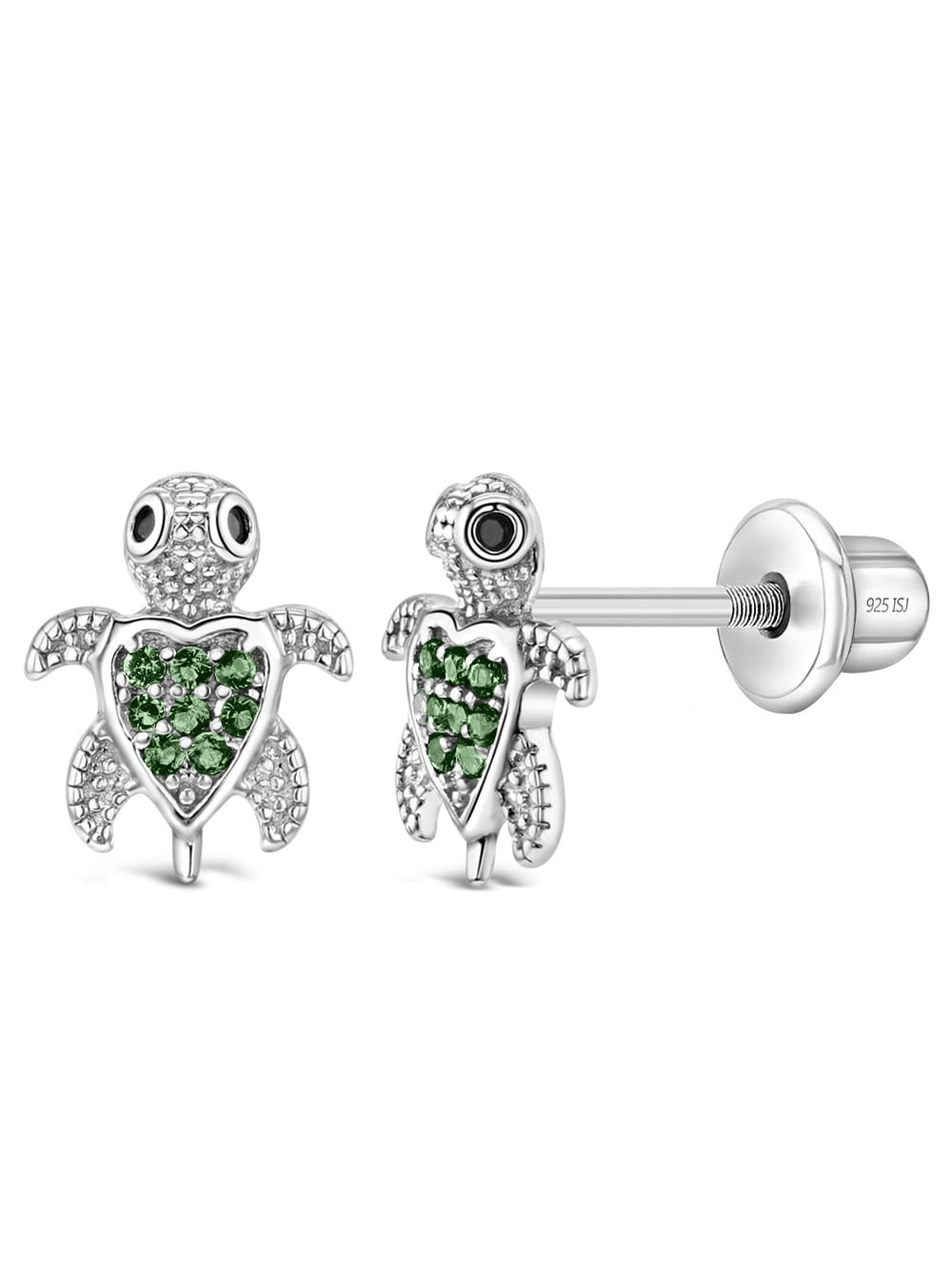 925 Sterling Silver Green Cubic Zirconia Turtle Screw Back Earrings for Girls
